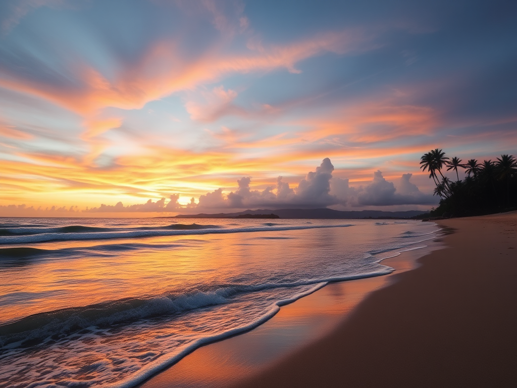 Rustig Bali-strand bij zonsondergang met palmbomen.