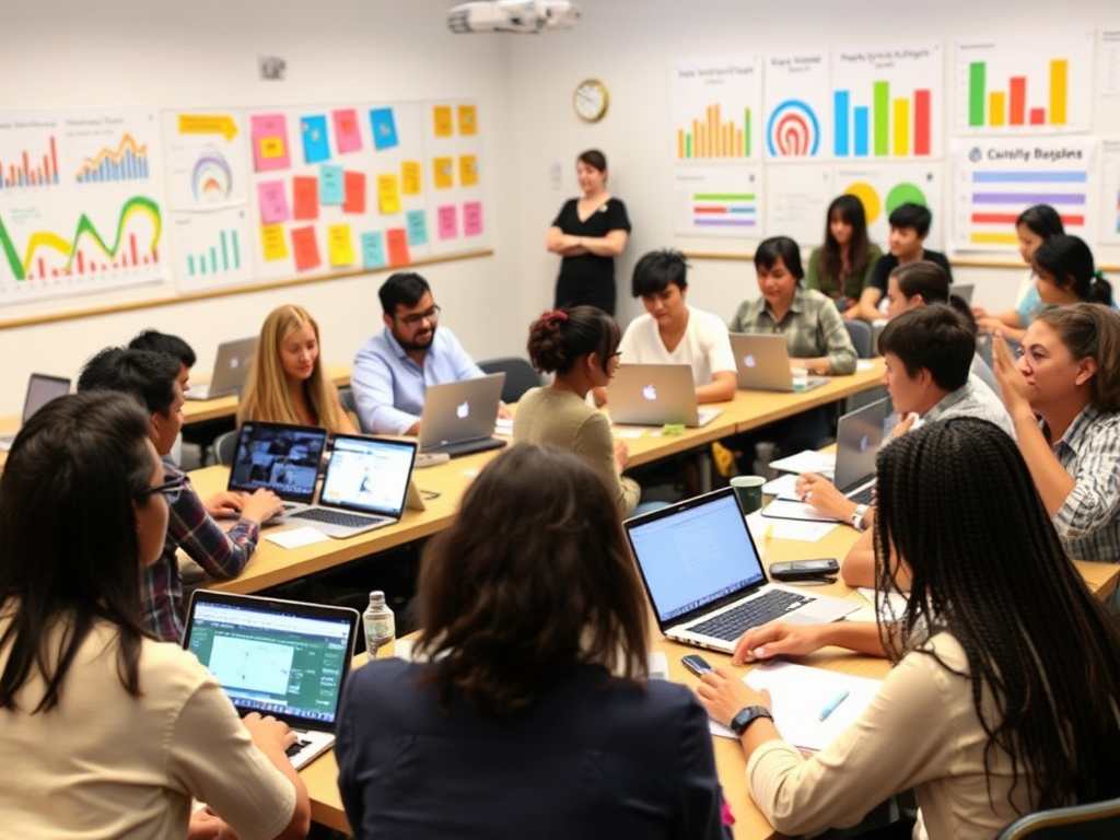Een levendige klaslokaal met diverse deelnemers en laptops.