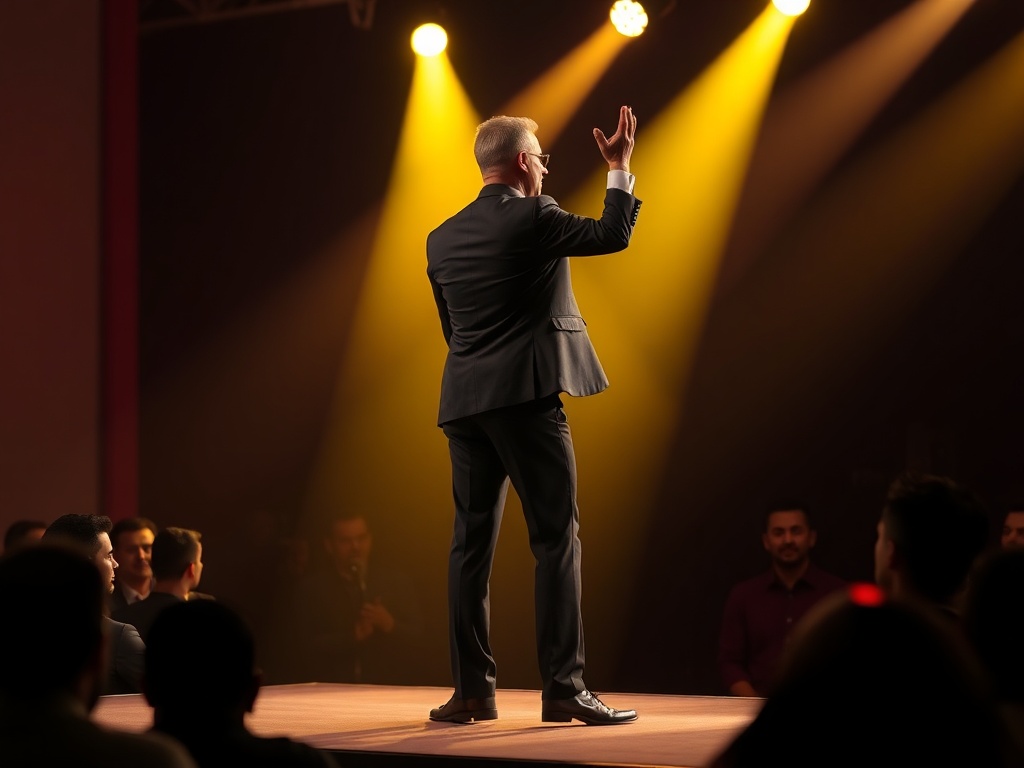 A confident speaker on a stage, luminous spotlight, audience silhouettes, crisp visuals, dynamic pose, power suit, energetic movement, studio-like backdrop, sharp colors.