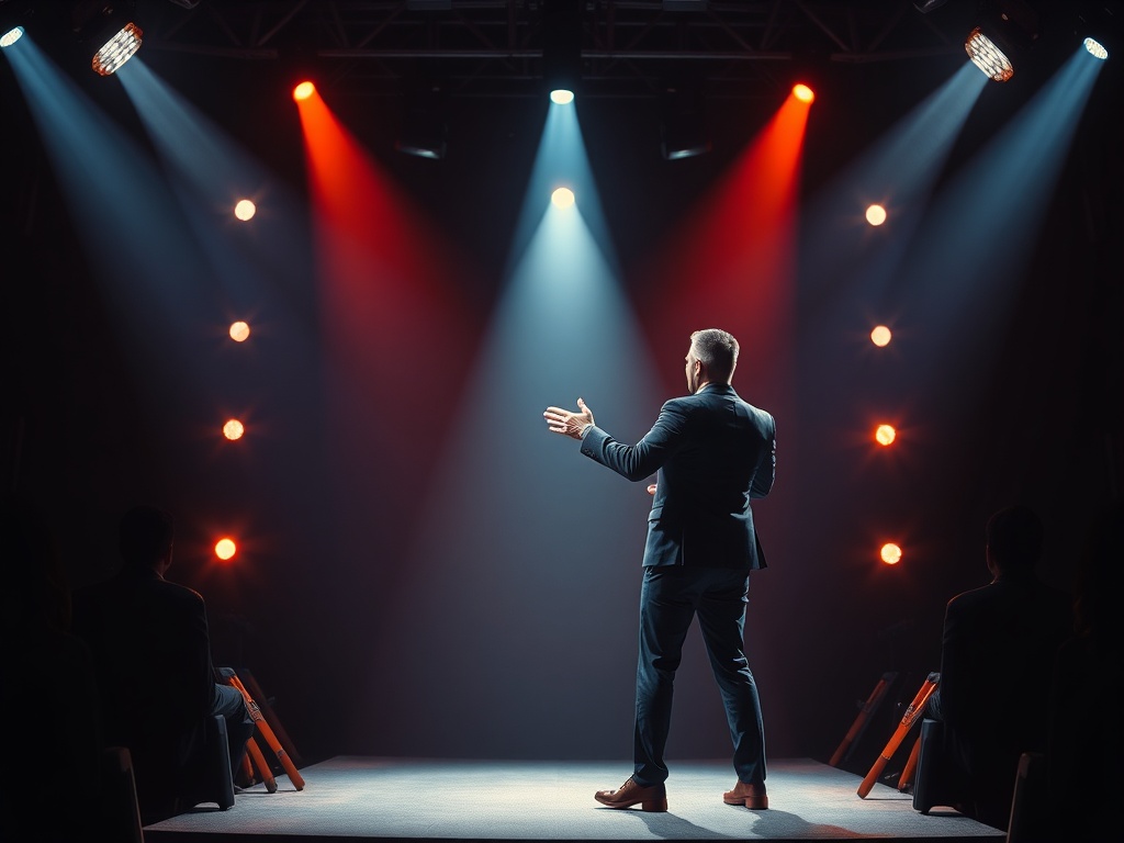 A confident speaker on a stage, luminous spotlight, audience silhouettes, crisp visuals, dynamic pose, power suit, energetic movement, studio-like backdrop, sharp colors.