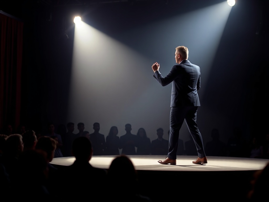 A confident speaker on a stage, luminous spotlight, audience silhouettes, crisp visuals, dynamic pose, power suit, energetic movement, studio-like backdrop, sharp colors.