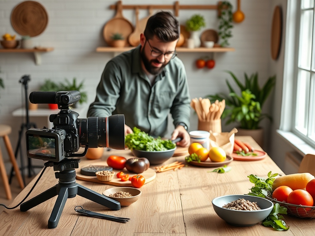 "A vibrant studio scene showcasing a professional food photographer composing a flat lay, soft natural light, wooden table, fresh ingredients, styling props, high-end camera, vivid colors."