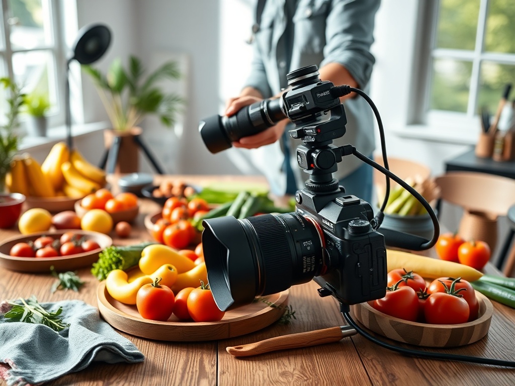 "A vibrant studio scene showcasing a professional food photographer composing a flat lay, soft natural light, wooden table, fresh ingredients, styling props, high-end camera, vivid colors."