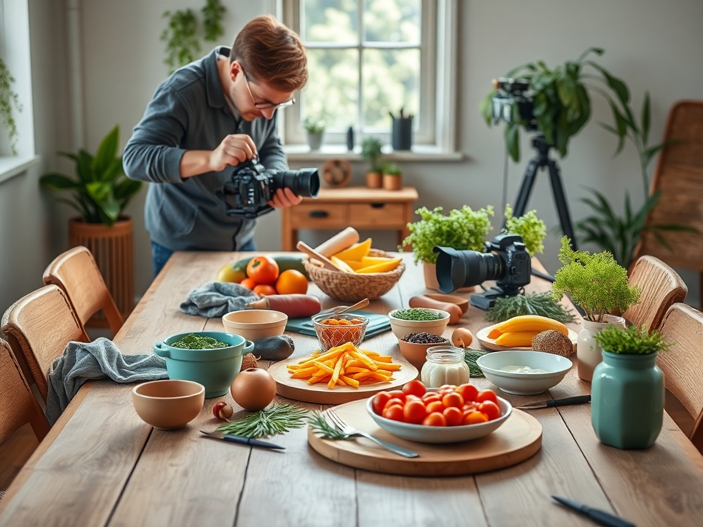"A vibrant studio scene showcasing a professional food photographer composing a flat lay, soft natural light, wooden table, fresh ingredients, styling props, high-end camera, vivid colors."