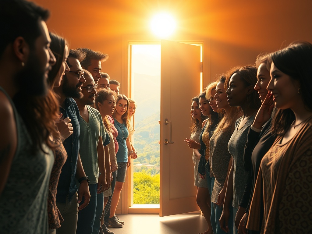 "A dynamic, cinematic scene of a diverse group embracing transformation