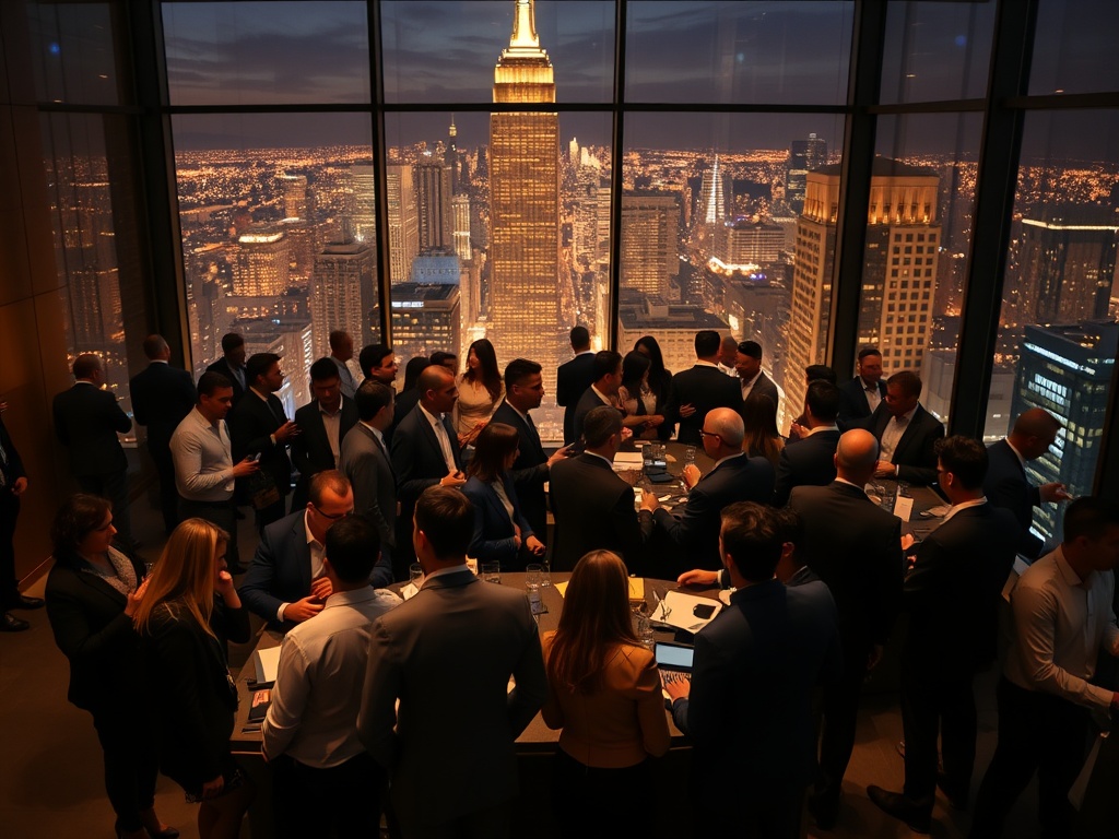 "A sophisticated, night-mode conference scene with diverse, well-dressed investors networking around a sleek, glass-walled venue; glowing cityscape, subtle golden highlights, premium, exclusive ambiance."