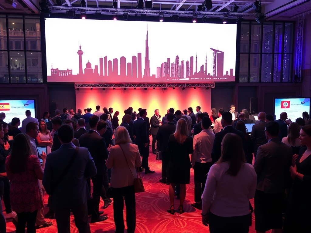 "A vibrant global real estate event scene with diverse professionals networking, skyline silhouettes of Spain, Dubai, USA, Cyprus, illuminated by warm lights, dynamic stage, testimonials, and a glassy conference hall backdrop."