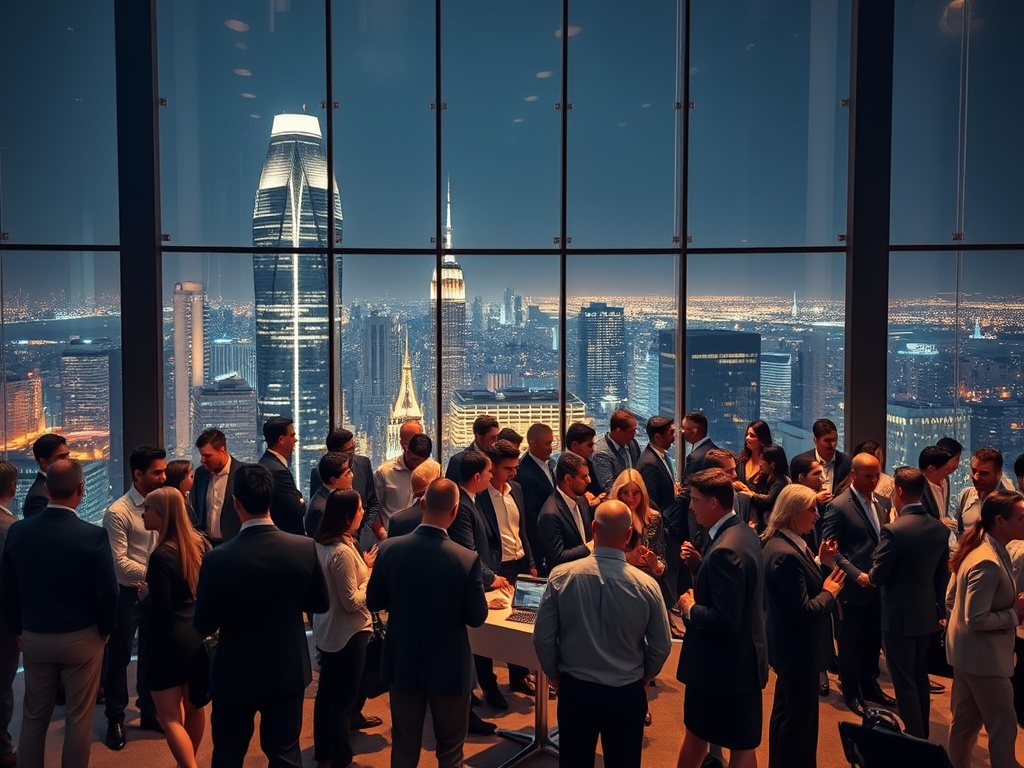 "A sophisticated, night-mode conference scene with diverse, well-dressed investors networking around a sleek, glass-walled venue; glowing cityscape, subtle golden highlights, premium, exclusive ambiance."