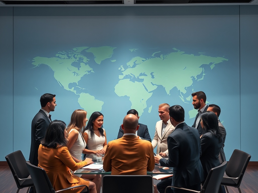 A global, exclusive real estate investor community scene; diverse professionals in elegant attire network around a glass table with a world map backdrop, premium, welcoming vibe.