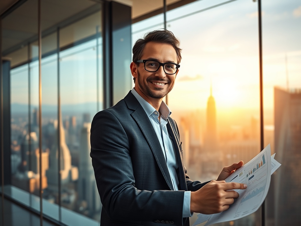 "A confident investor in a modern office, diverse global city skylines visible through a glass wall, hands-on planning with charts and maps, warm lighting."