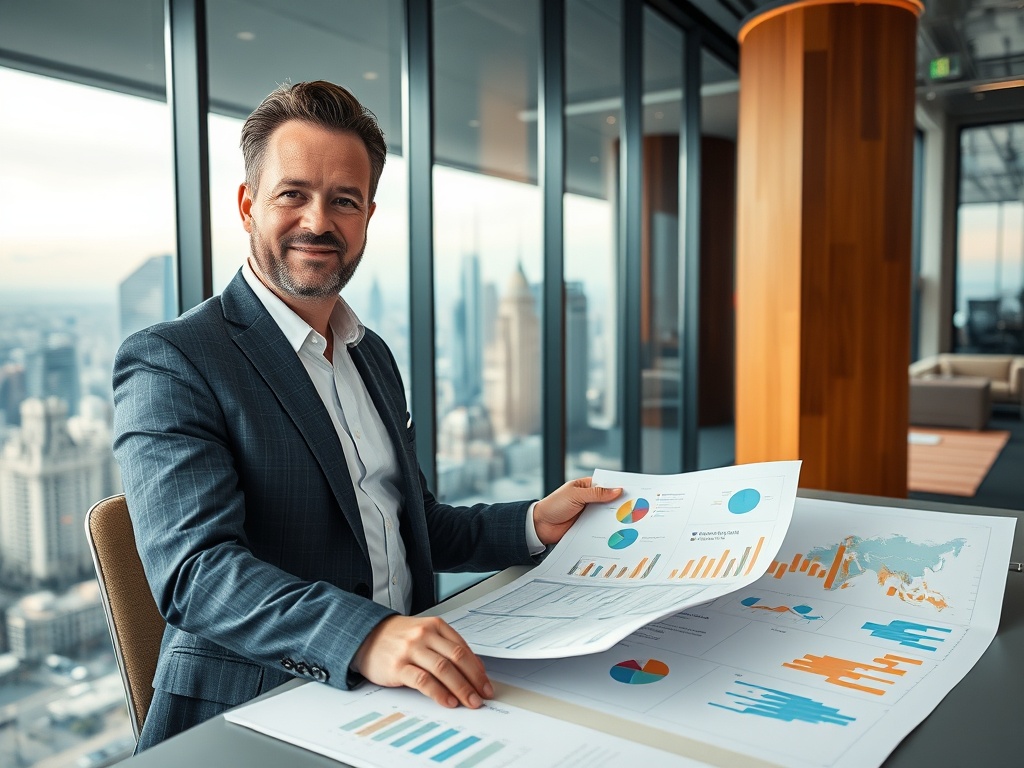 "A confident investor in a modern office, diverse global city skylines visible through a glass wall, hands-on planning with charts and maps, warm lighting."