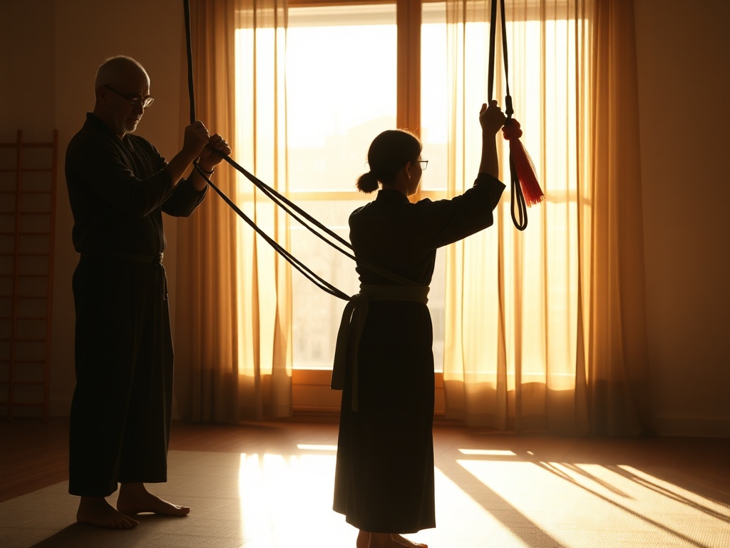 A warm, sunlit studio scene showing two silhouettes practicing safe Shibari binds with calm instructors guiding, soft ropes, trust, intimate yet respectful atmosphere, diverse participants.