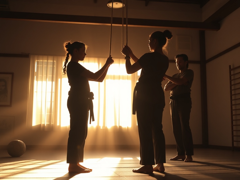 A warm, sunlit studio scene showing two silhouettes practicing safe Shibari binds with calm instructors guiding, soft ropes, trust, intimate yet respectful atmosphere, diverse participants.