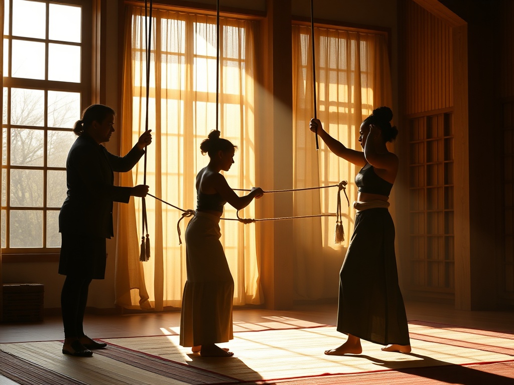 A warm, sunlit studio scene showing two silhouettes practicing safe Shibari binds with calm instructors guiding, soft ropes, trust, intimate yet respectful atmosphere, diverse participants.