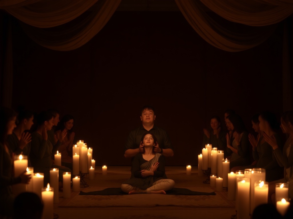 "A serene, dimly lit ceremony space with soft candles, gentle movements, and a calm, grounded participant breathing deeply, surrounded by supportive facilitators."
