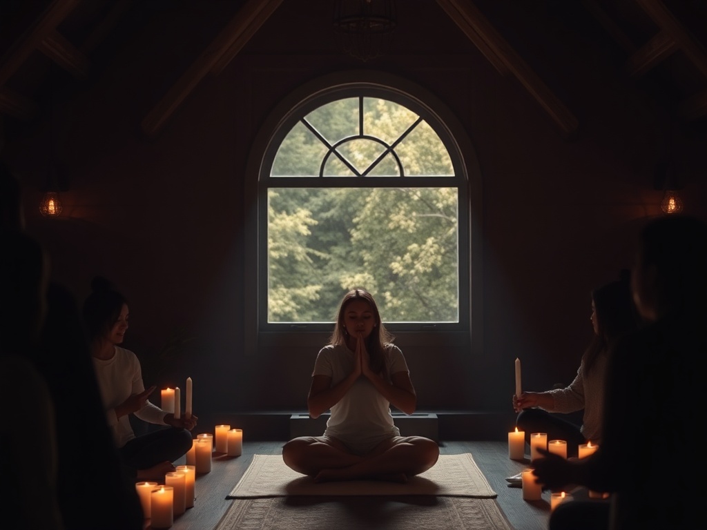 "A serene, dimly lit ceremony space with soft candles, gentle movements, and a calm, grounded participant breathing deeply, surrounded by supportive facilitators."