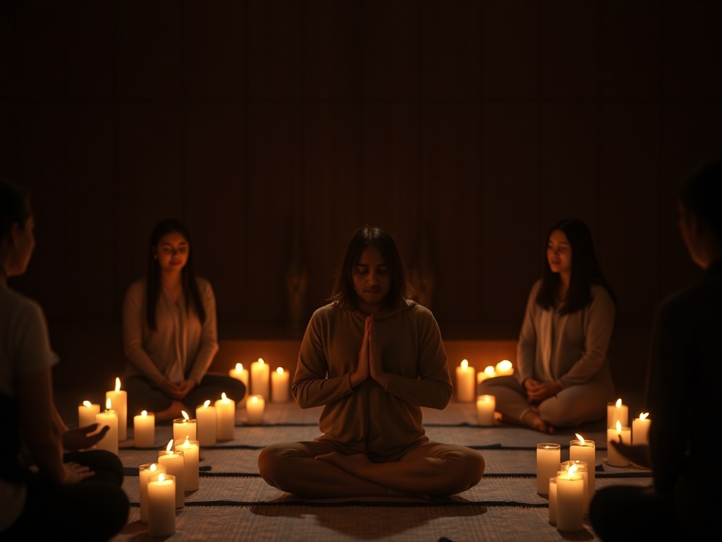 "A serene, dimly lit ceremony space with soft candles, gentle movements, and a calm, grounded participant breathing deeply, surrounded by supportive facilitators."