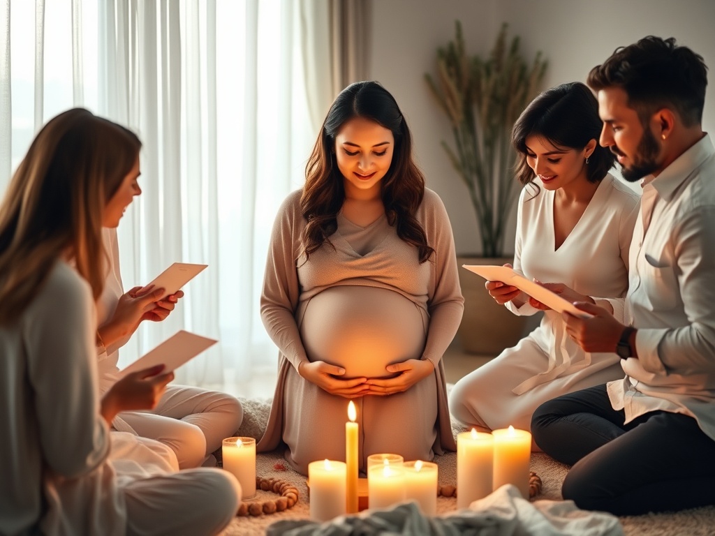 "A serene indoor circle around a glowing centerpiece, pregnant mother radiant in calm light, friends and family offering cards and candles, soft fabrics, gentle ritual ambience."