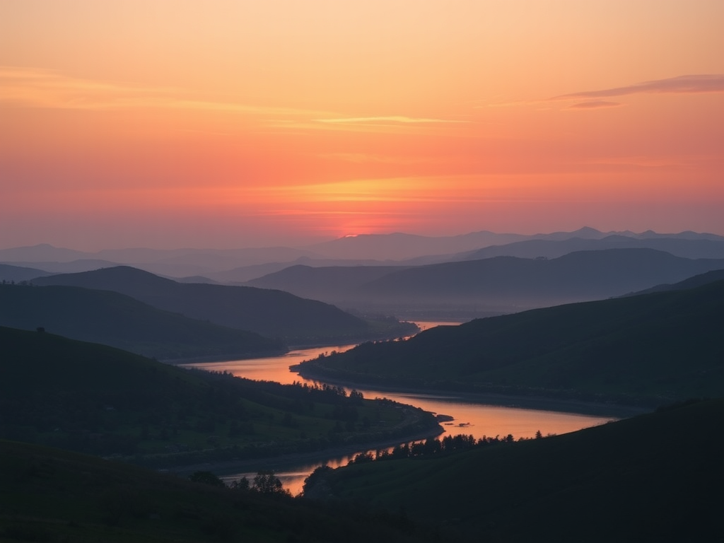 Rustig landschap met glooiende heuvels en een zonsondergang.
