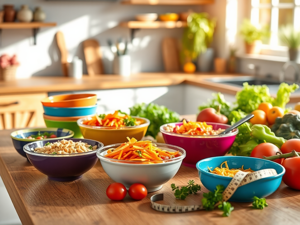 Een levendige keuken met kleurrijke keto-gerechten op een houten tafel.
