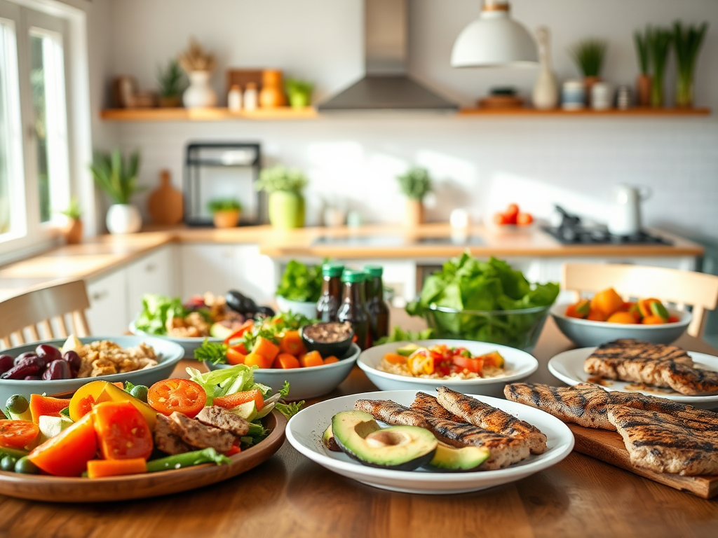 Een kleurrijke keto-maaltijd op een houten tafel.