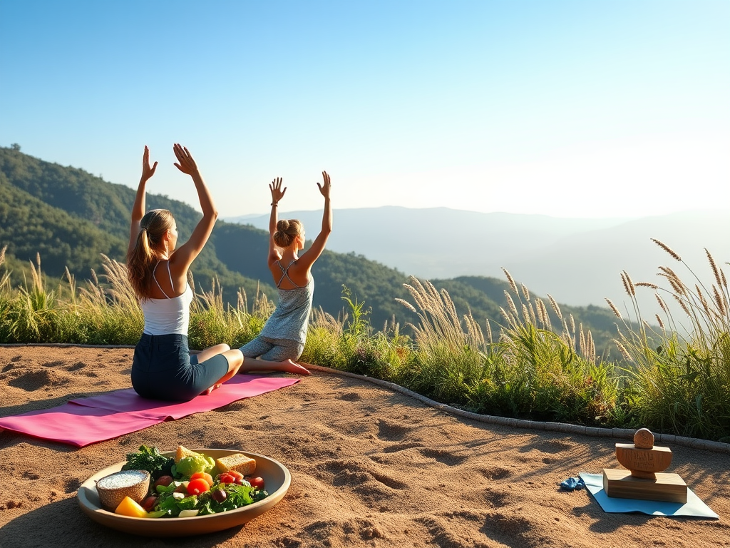 Vrouwen die yoga beoefenen met een prachtig uitzicht.