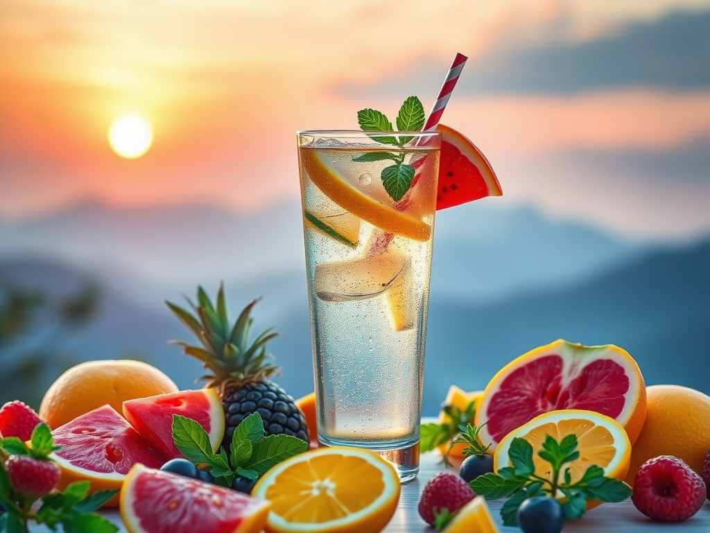 Een verfrissend drankje in een glas, omringd door fruit.