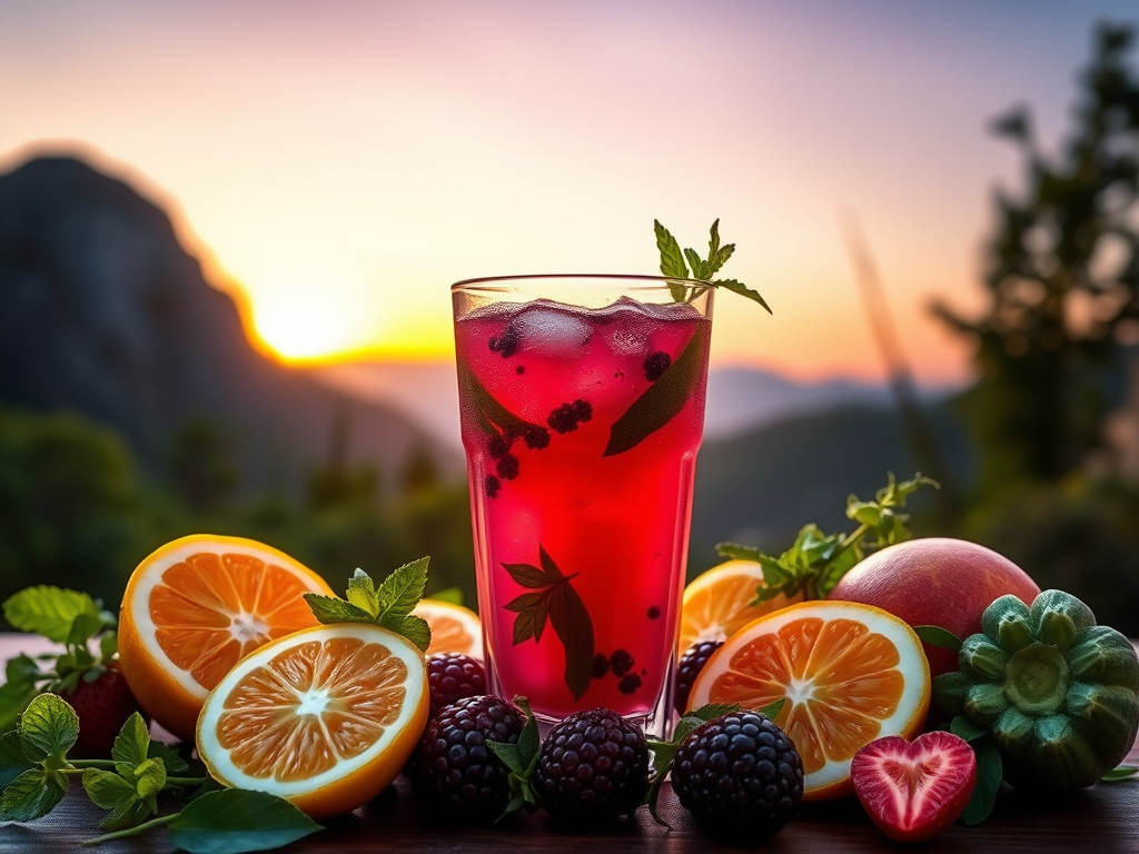 Een kleurrijke drank in een glas, omringd door fruit.