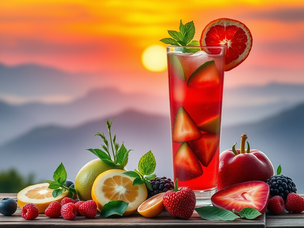 Een kleurrijke drank in een glas, omringd door fruit.