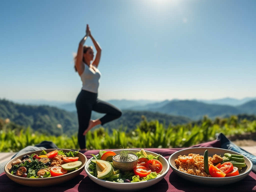 Vrouwen doen yoga met gezonde maaltijden op de achtergrond.