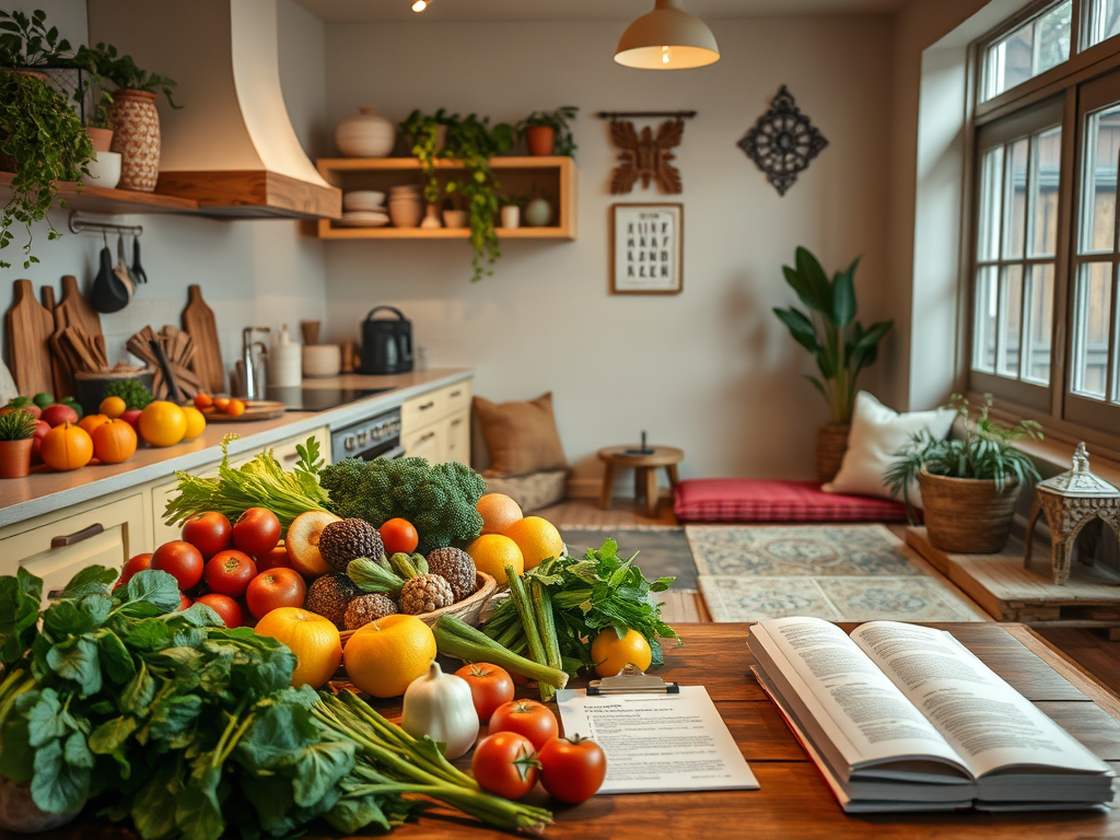 Een rustige keuken met verse groenten en fruit.