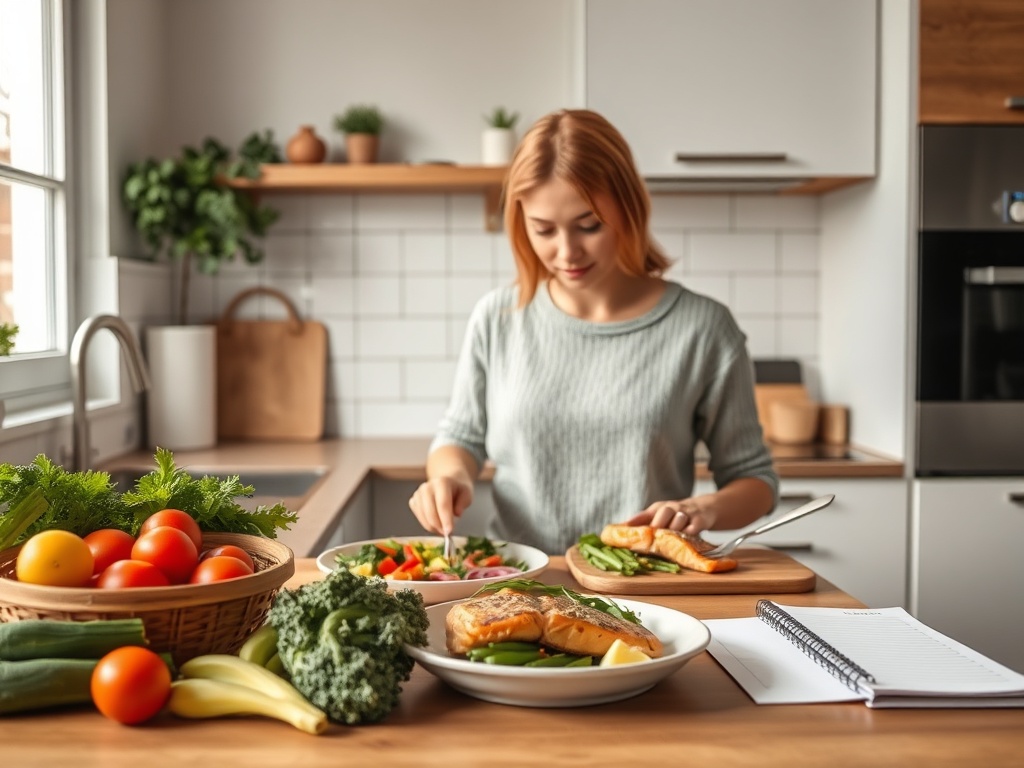 "Cozy modern kitchen" "woman preparing low-carb meal" "fresh vegetables, grilled salmon" "meal plan notebook" "warm natural light" "clean minimalist style"