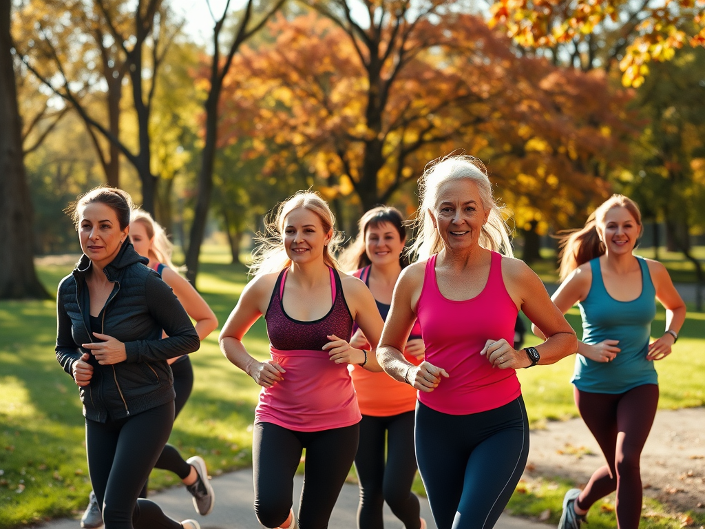 Een groep vrouwen powerwalkt in een park met herfstbladeren.