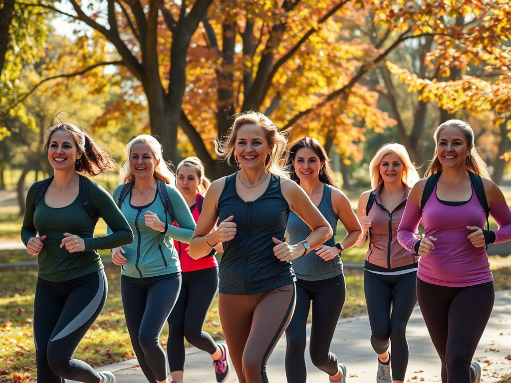 Groep vrouwen powerwalkend in een zonnig park met herfstbladeren.