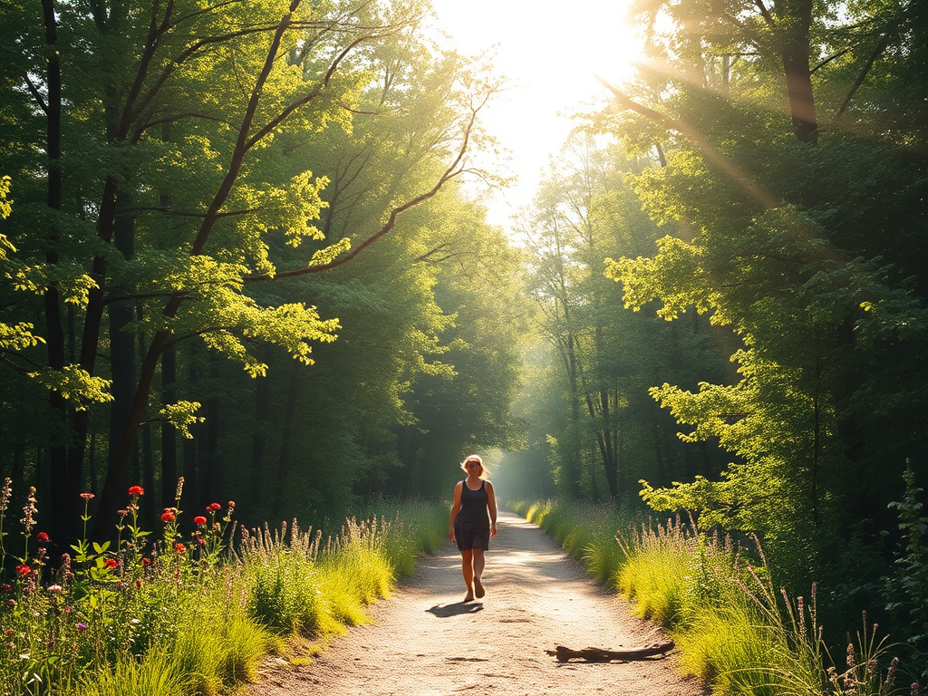 Een persoon wandelt op een zonnig natuurpad.