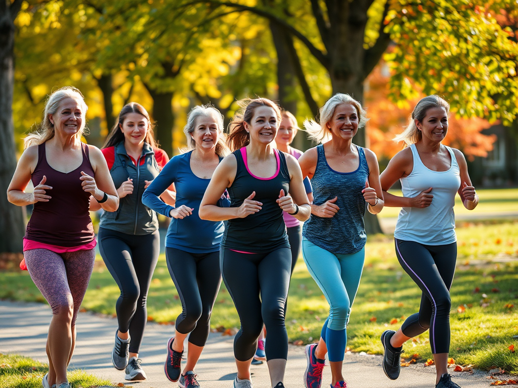 Een groep vrouwen powerwalkt in een park met herfstbladeren.