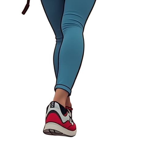 Vrouw in sneakers die over de stoep loopt.