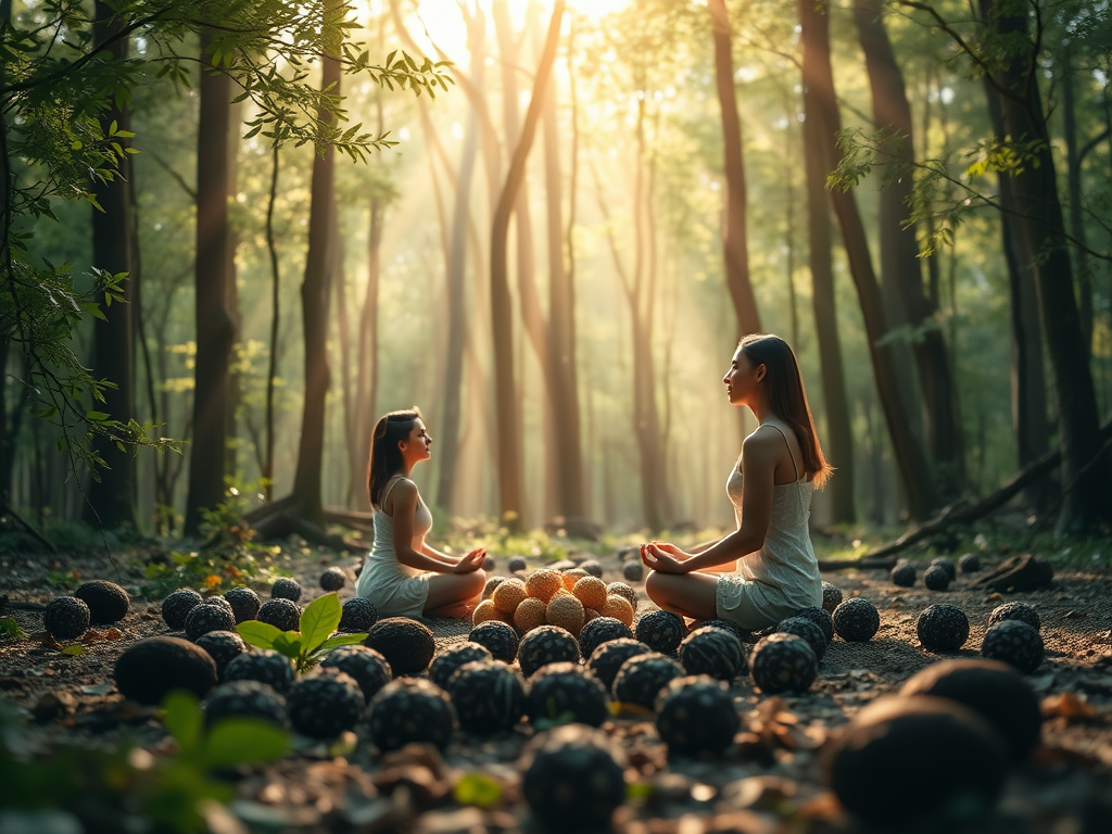 Vrouwen mediteren in een serene bosomgeving met truffels.