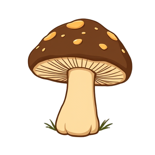 Een cartoonachtige truffelpaddenstoel met gele vlekken.