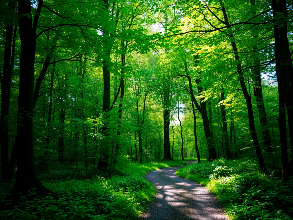 Een vredig bos met groene bladeren en een kronkelig pad.