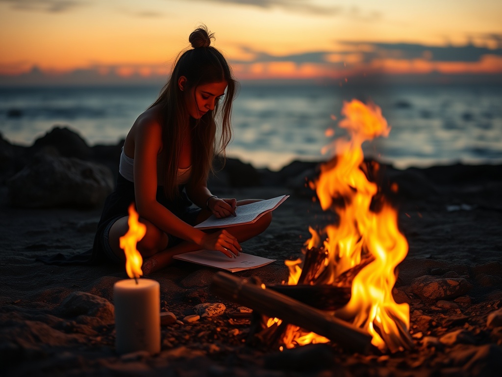 "A serene fire circle at dusk, a graceful woman writing on papers, soft glow, gentle flames revealing transformation, sacred ritual atmosphere, warm earthy tones, calm sea in distance."