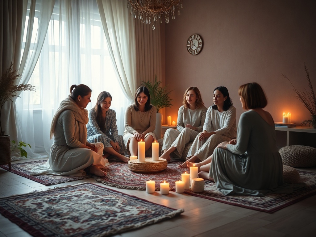 "A gentle, intimate circle of women in a softly lit room, barefoot on rugs, whispering, warm candles, soothing colors, serene faces, open embrace."