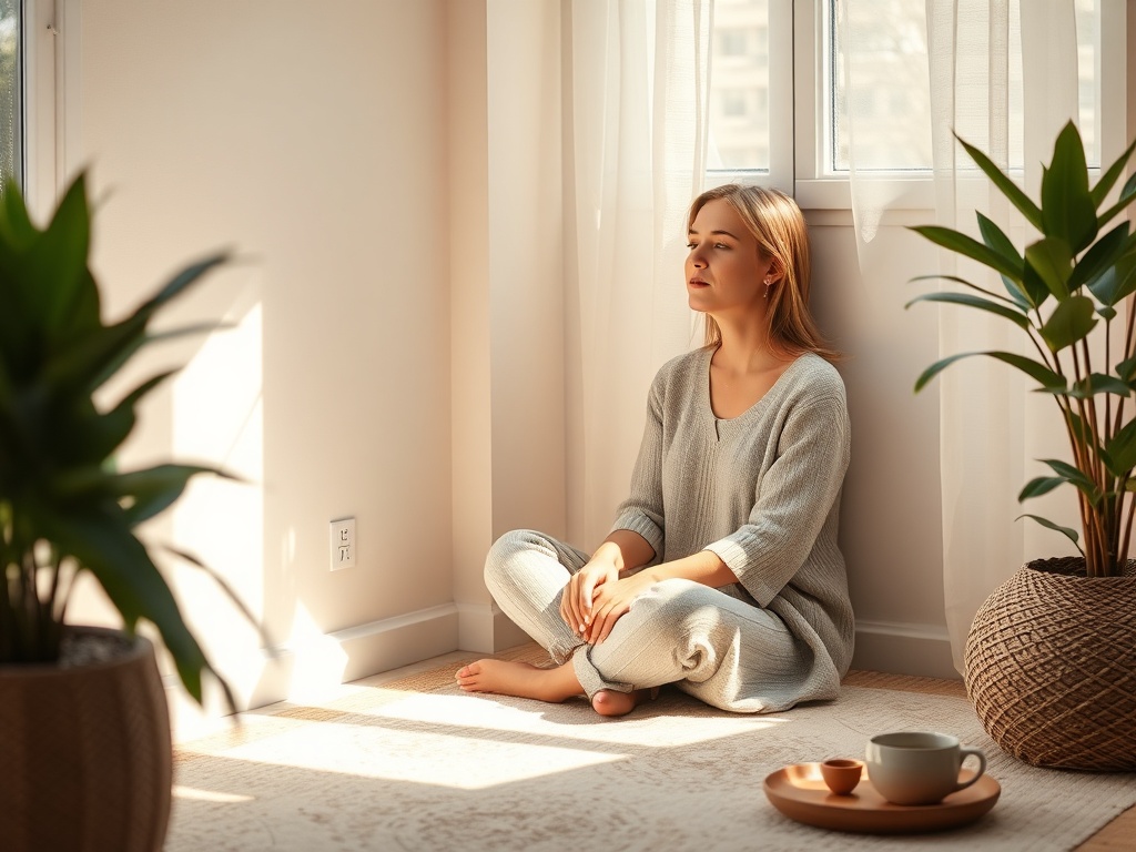 "A soft, serene scene of a woman in her 30s-40s seated peacefully in a cozy, sunlit corner, gentle colors, calm ambiance, subtle audio wave visuals, grounding objects (tea, plants), no logos."