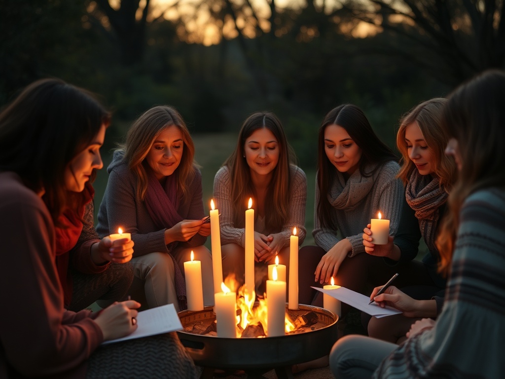 "A warm, intimate fire circle for women, 30s-50s, soft candles, misty evening glow, diverse faces, serene expressions, writing notes to burn, tranquil surroundings."