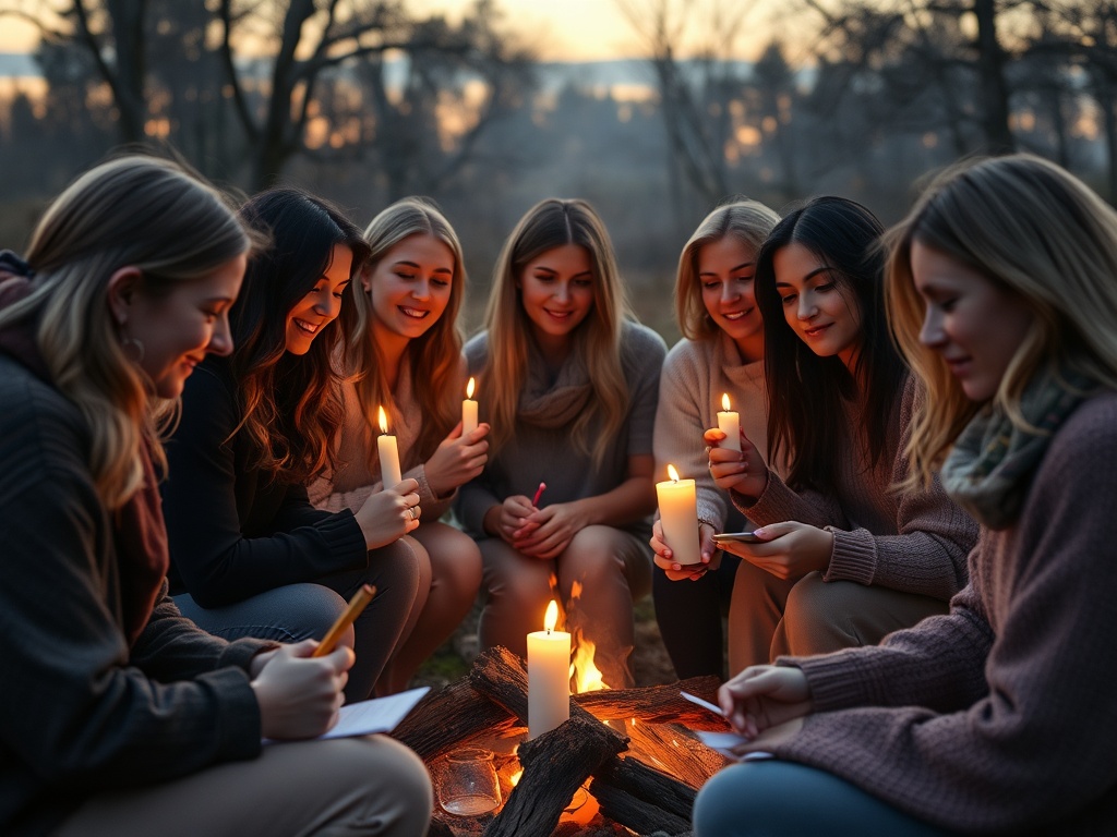 "A warm, intimate fire circle for women, 30s-50s, soft candles, misty evening glow, diverse faces, serene expressions, writing notes to burn, tranquil surroundings."