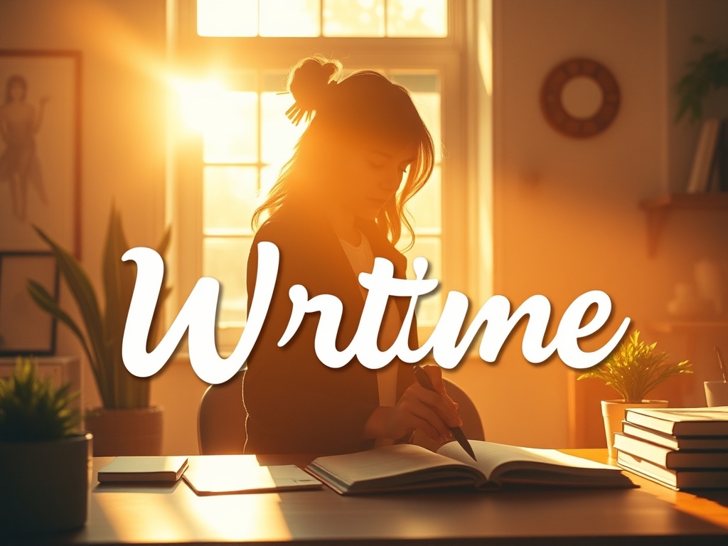 A warm, sunlit workspace with a female writer silhouette guiding soft, flowing typography turning into resonant messaging; inviting, confident, collaborative vibes.