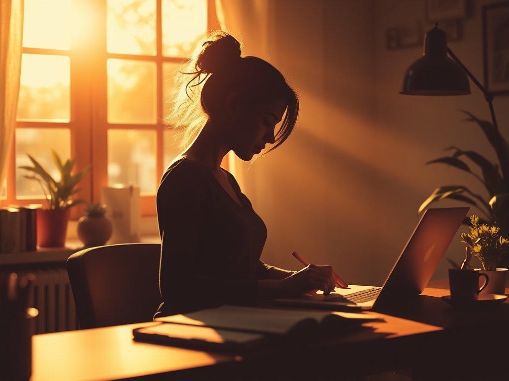 A warm, sunlit workspace with a female writer silhouette guiding soft, flowing typography turning into resonant messaging; inviting, confident, collaborative vibes.