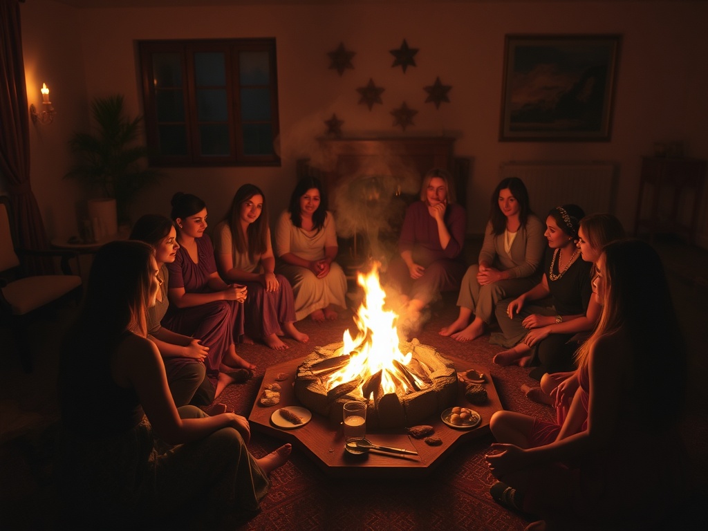 "A warm, intimate fire circle in twilight, diverse women 30-55 seated around gentle flames, soft smoke, sacred ritual tools, tranquil room glow"