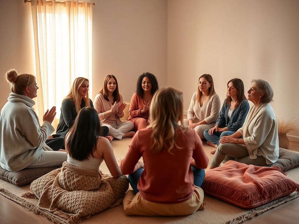 "A warm, intimate circle of diverse women seated in a softly lit circle, cushions and blankets, gentle gestures, serene faces, natural tones, calm atmosphere, inner peace."