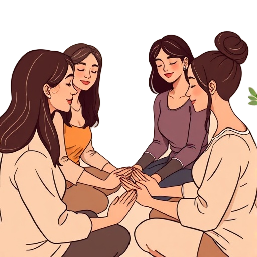 "cozy circle of women" "soft hands joined" "warm earth tones" "gentle light" "interior space" "intimate group" "calm faces" "meditation vibe" "gentle textures" "embrace of support""
